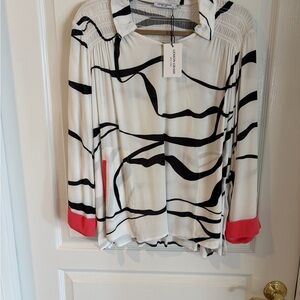 Lemon Grass White and Black Smocked Blouse with coral accent color